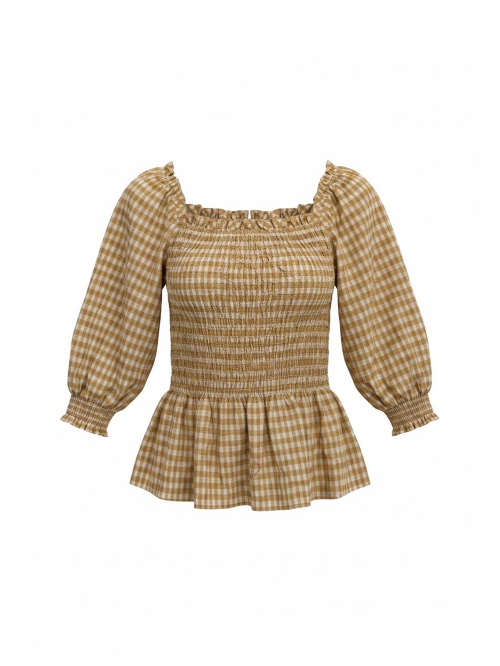 NWT Max Studio Taupe Gingham Smocked Peplum Blouse size M cotton blend